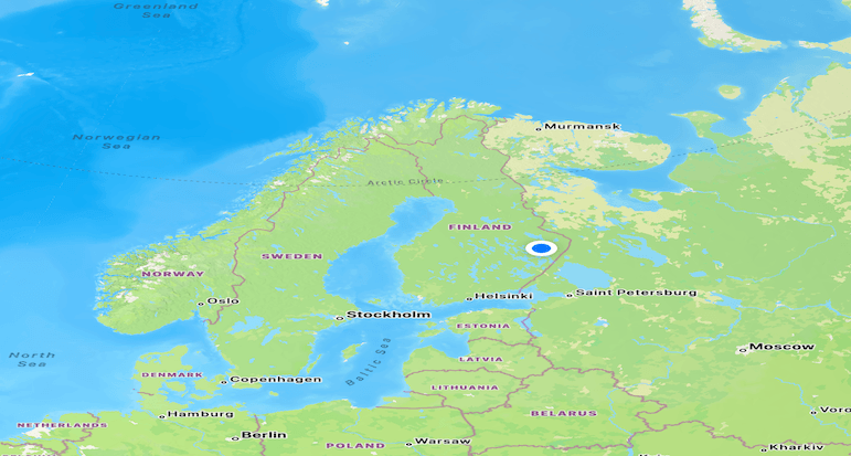 Map of Finland with blue location dot in the middle